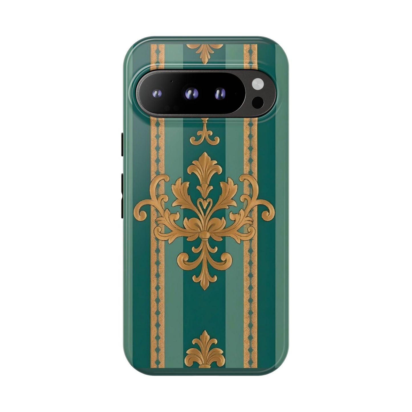 Elegant Floral Motif Phone Case - Tough Cases with Vintage Design - Teal Striped Gold Damask
