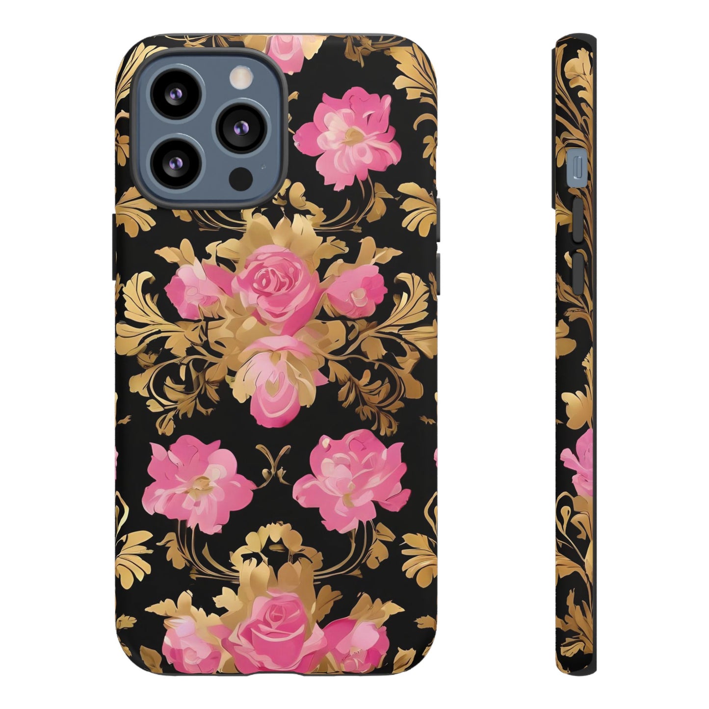 Elegant Floral Motif Phone Case - Tough Cases with Vintage Design - Pink & Gold Roses