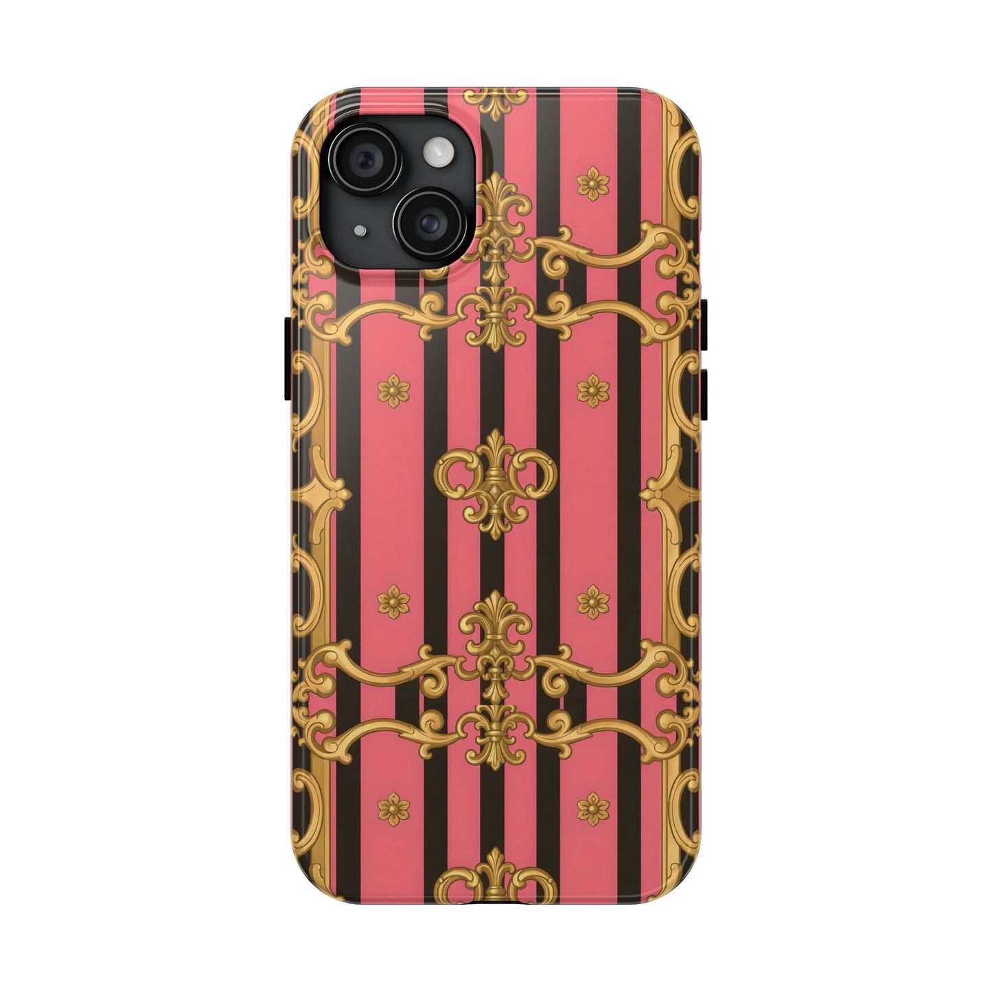 Elegant Baroque Tough Phone Cases, Stylish Protection, Gift for Her, Trendy Accessory - Pink & Black Striped Gold Baroque