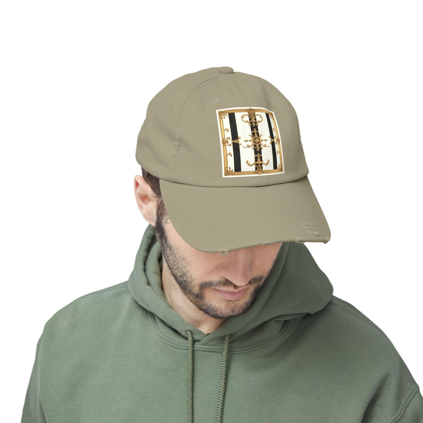 Stylish Distressed Cap with Unique Gold Design, Trendy Hat, Casual Wear, Gift for Him/Her - Black & White Striped Gold Baroque