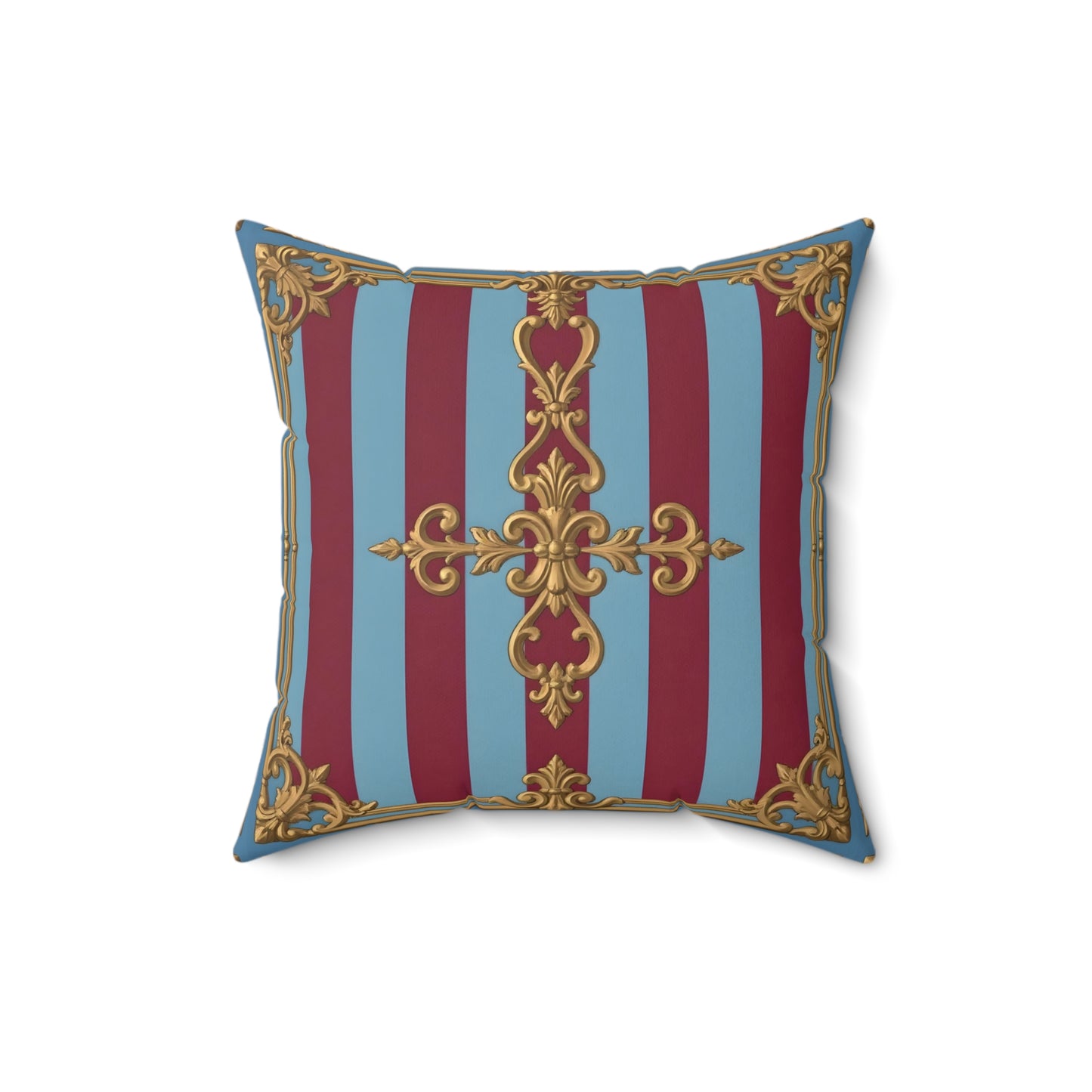 Elegant Faux Suede Accent Pillow, Chic Home Decor, Decorative Cushion, Luxurious Throw Pillow - Sky Blue & Maroon Striped Baroque