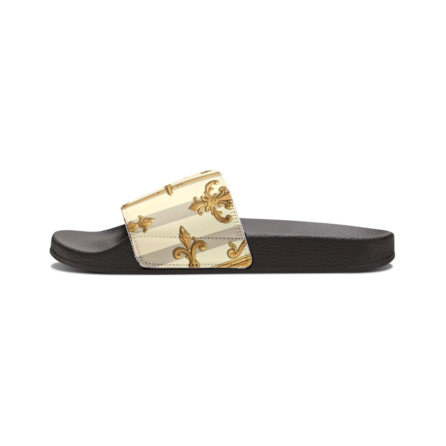 Chic Women's Removable-Strap Sandals, Stylish Summer Footwear, Perfect for Beach Days - Matte Gray & Cream Striped Gold Baroque