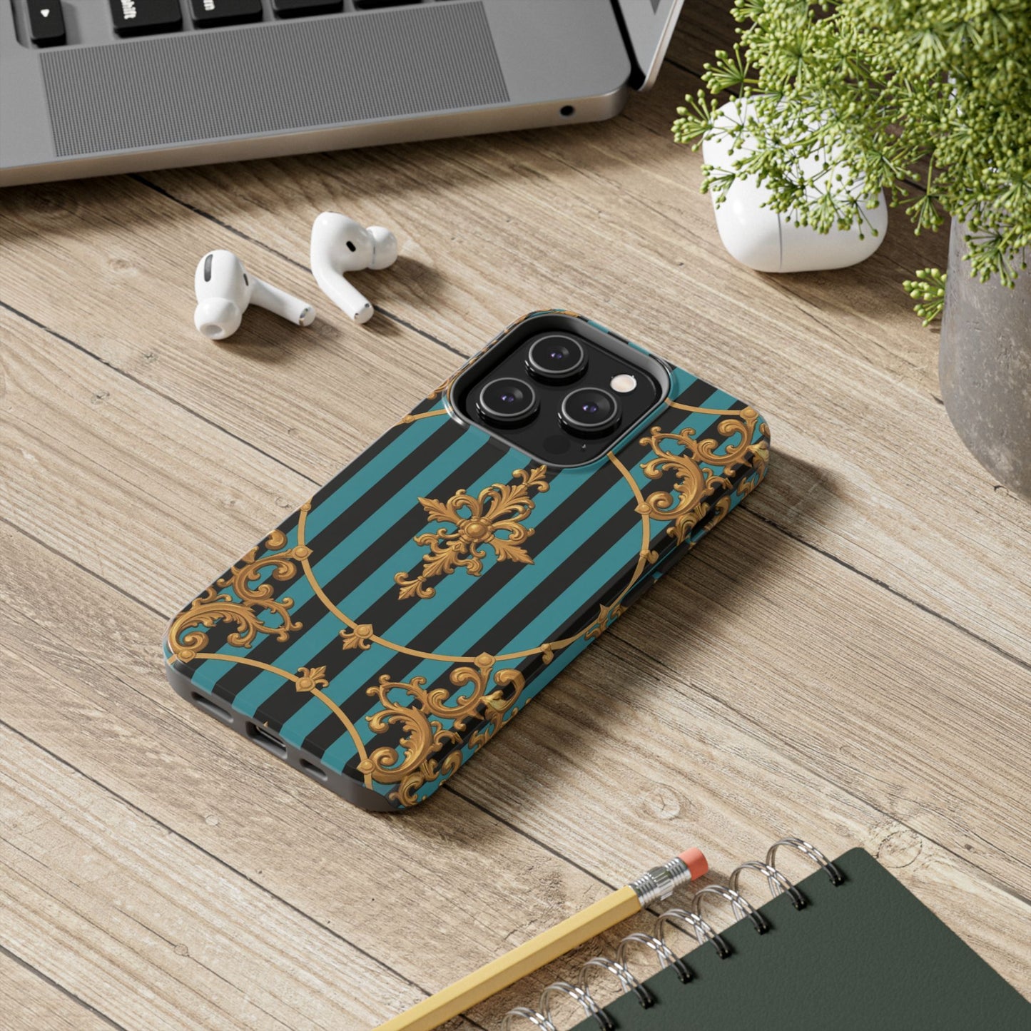 Elegant Turquoise & Black Striped Gold Baroque Phone Case, Tough Phone Cases for Fashion Lovers, Gift for Her, Luxury Accessories