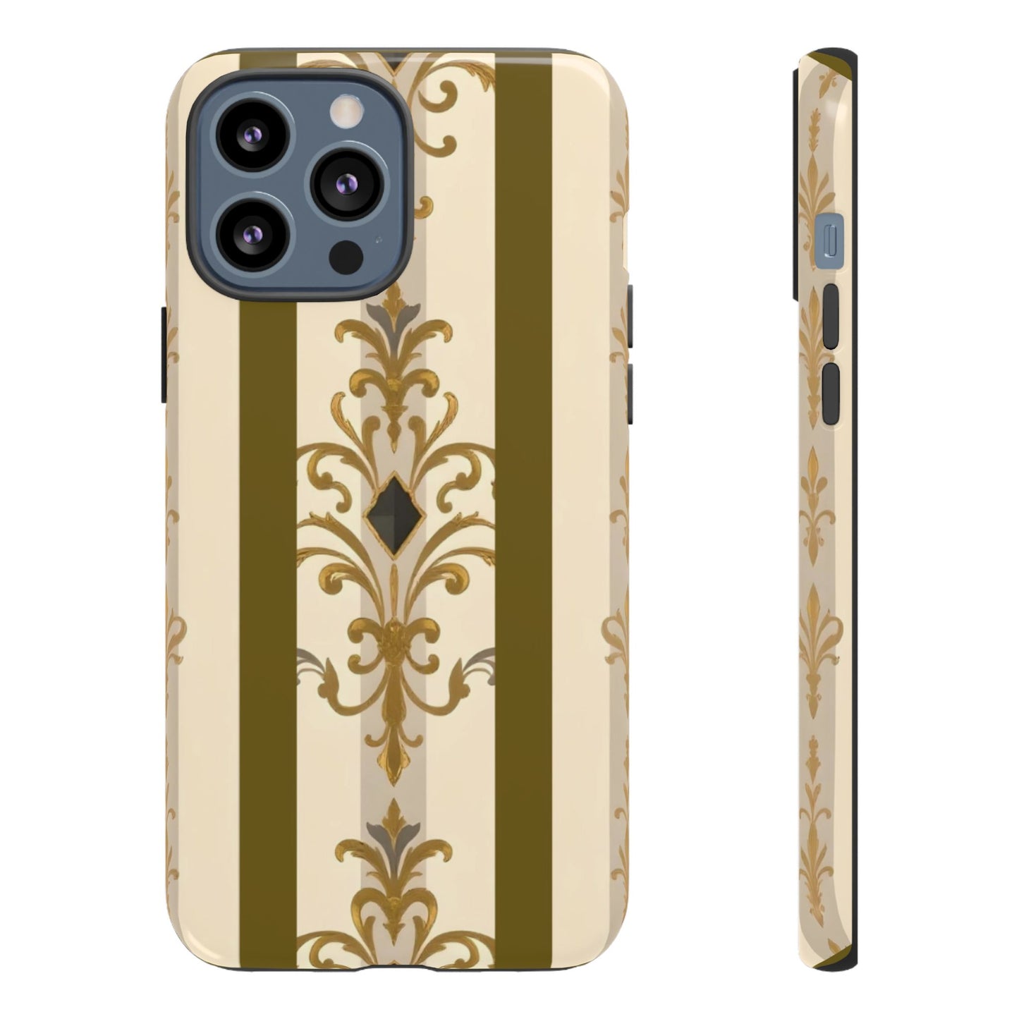 Elegant Floral Motif Phone Case - Tough Cases with Vintage Design - Olive Striped Gold Damask
