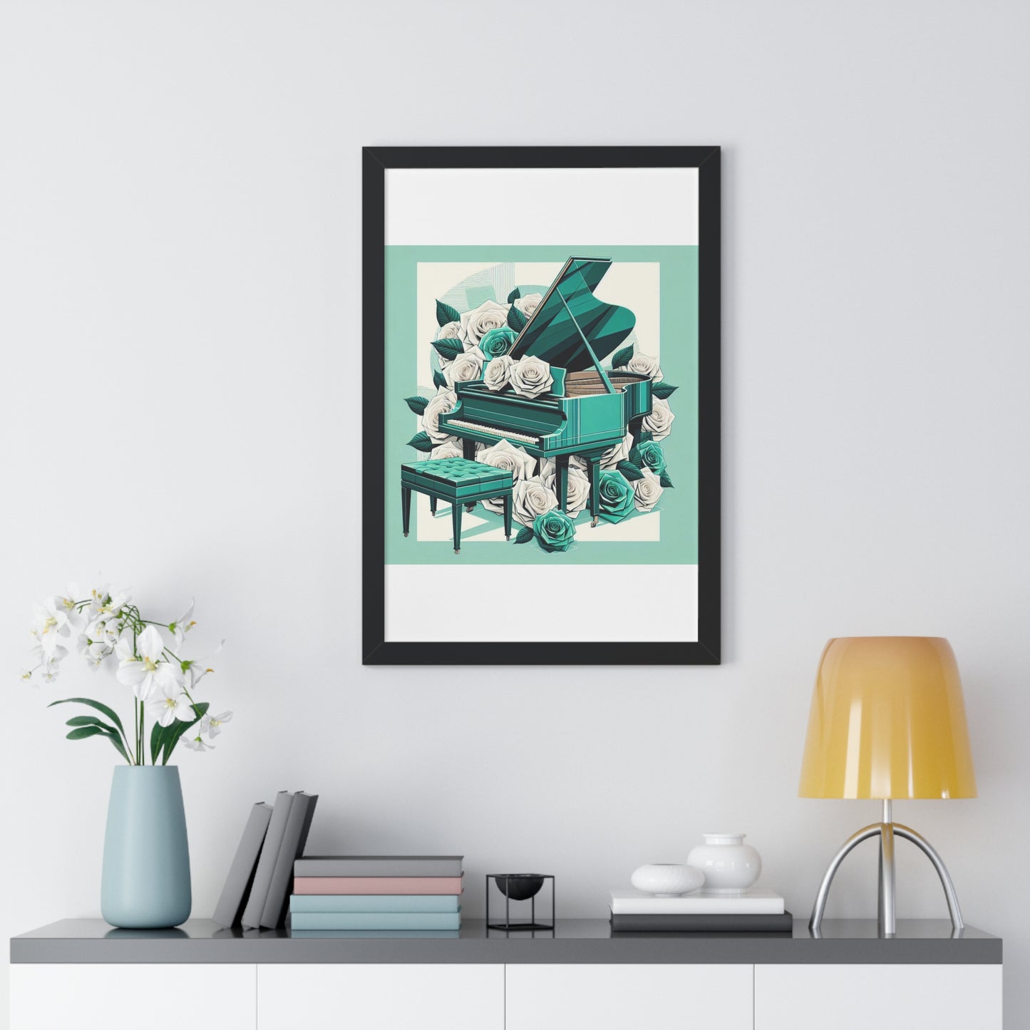 Vertical Poster - Aqua Grand Piano & Roses Wall Art