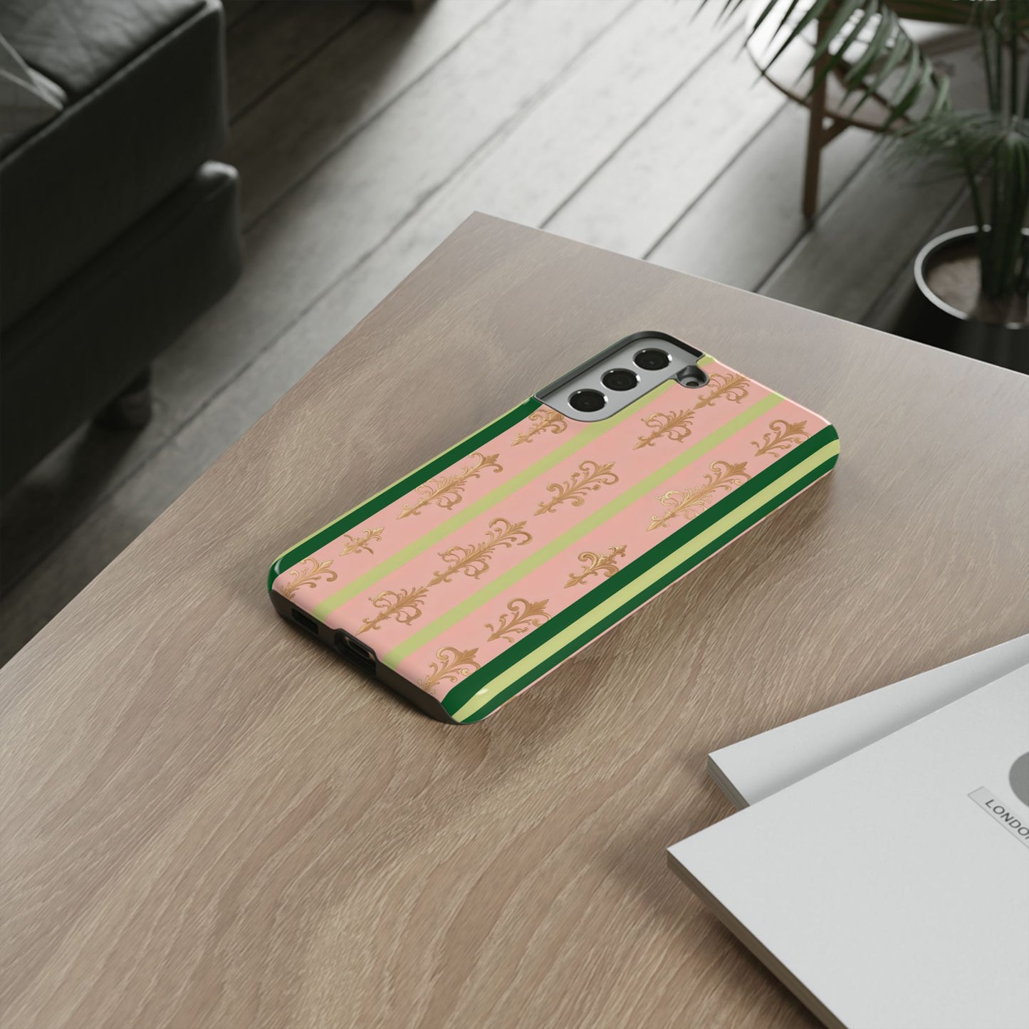 Elegant Floral Motif Phone Case - Tough Cases with Vintage Design - Lime Green & Pink Striped Damask