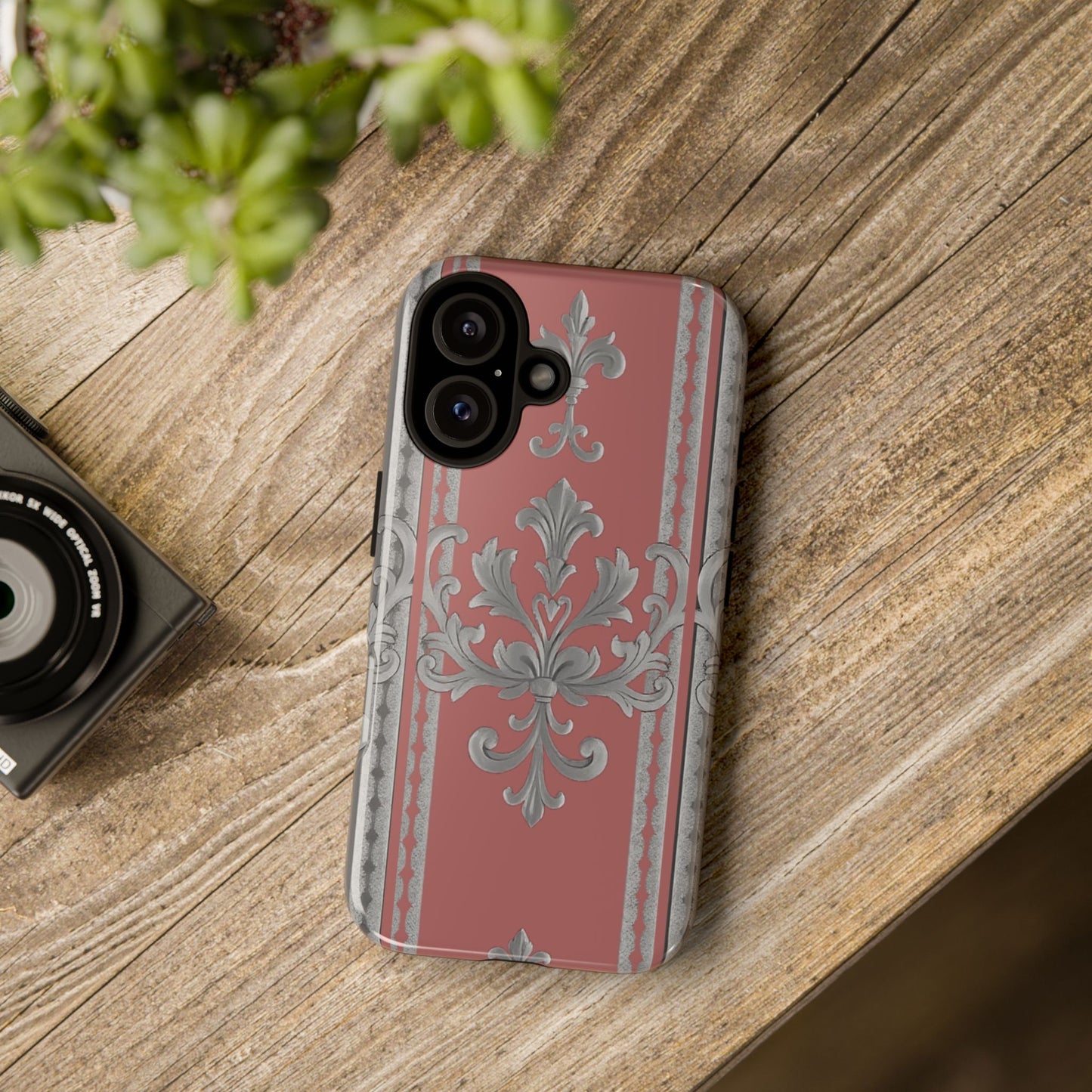 Elegant Floral Phone Case - Tough Cases for Stylish Protection - Gray & Mauve Striped Baroque