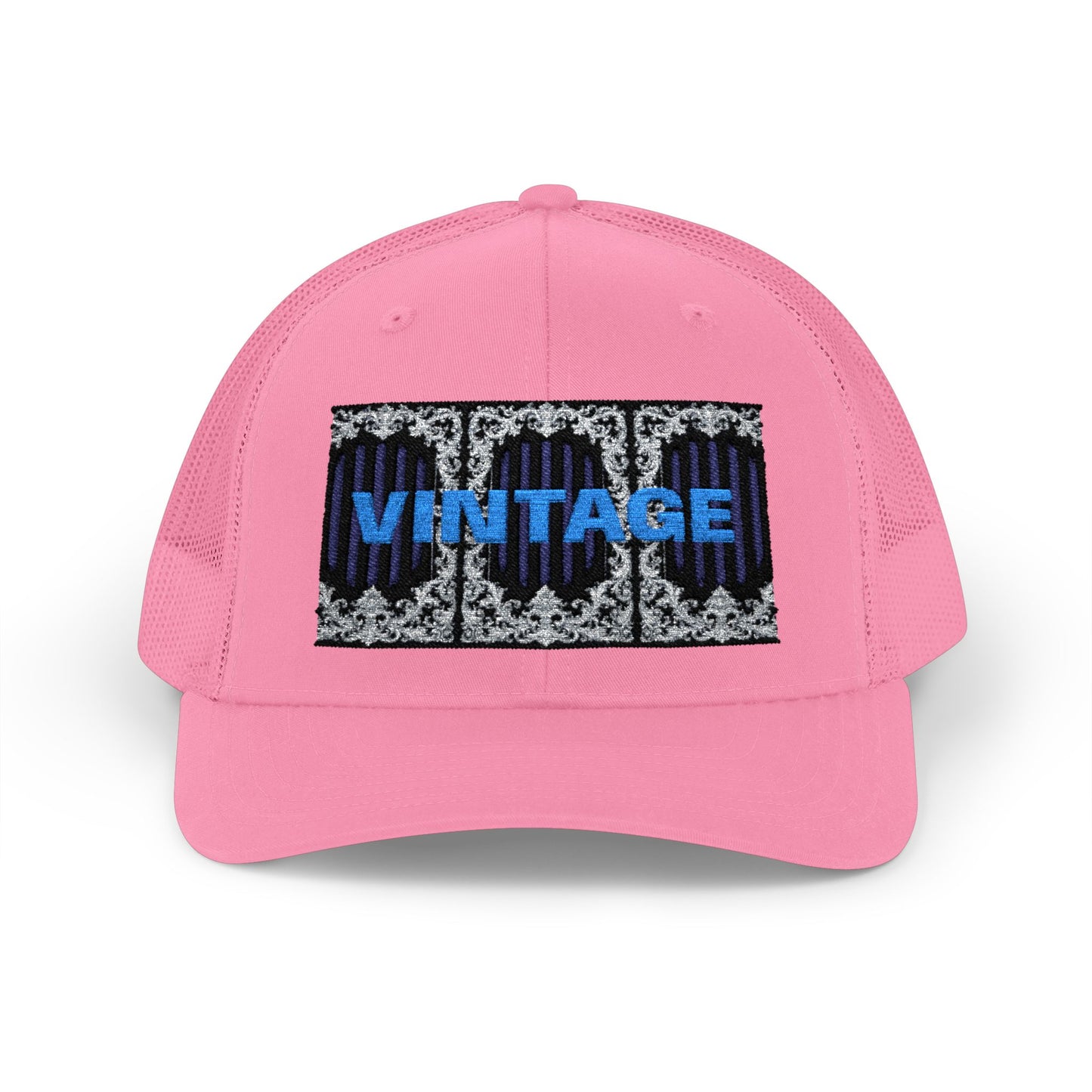 Vintage Navy Stripes & Baroque Trucker Cap — Retro 'VINTAGE' Embroidered Snapback