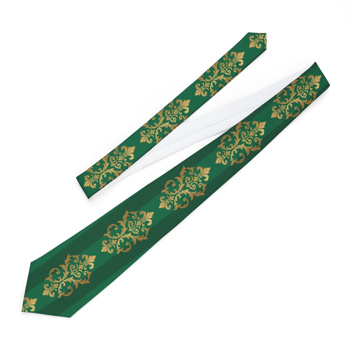 Green Striped Baroque Tie with Gold Baroque Pattern — Classic Formal Necktie