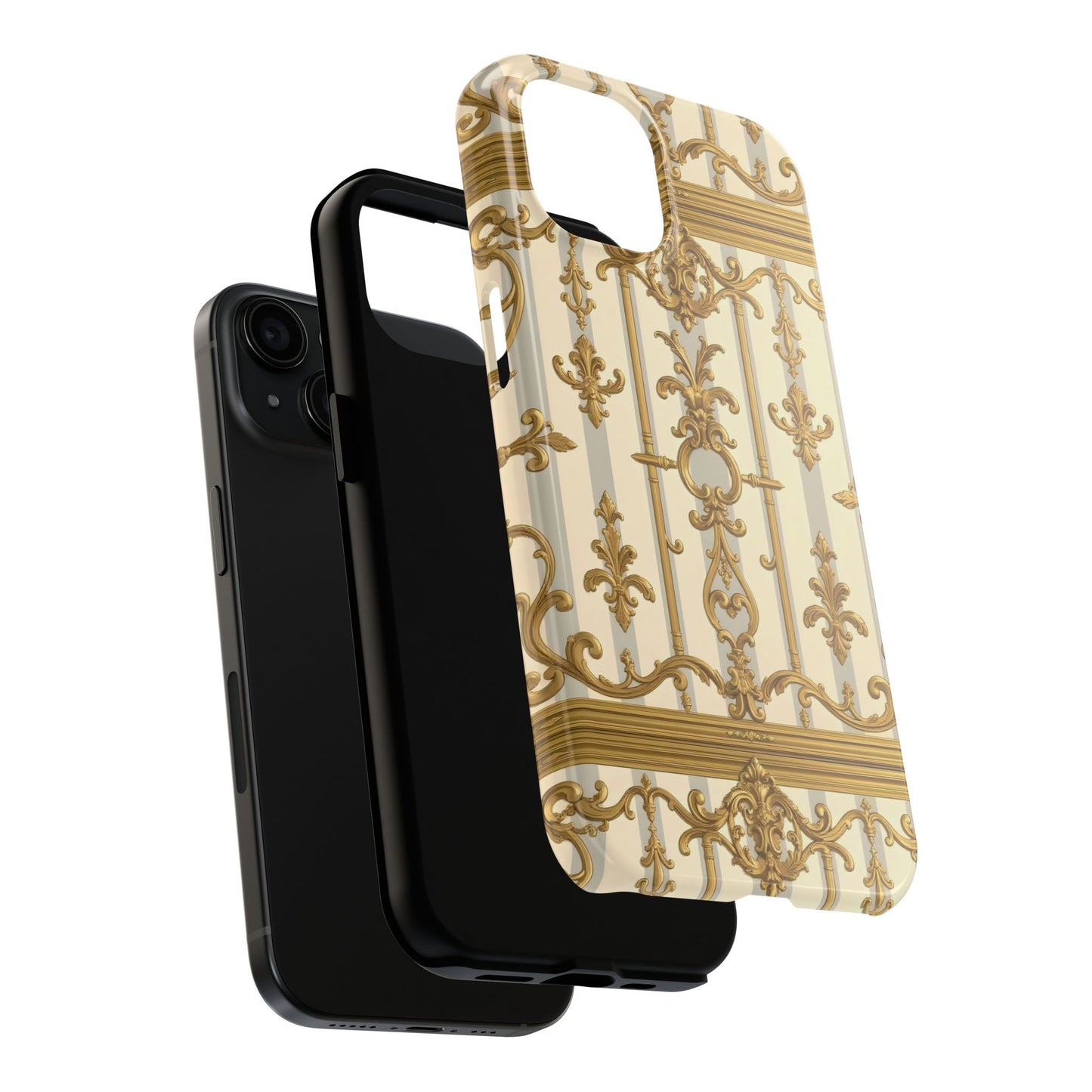 Elegant Gold Pattern Tough Phone Cases | Stylish Phone Covers, Trendy Cell Phone Accessories - Matte Gray & Cream Striped Gold Baroque