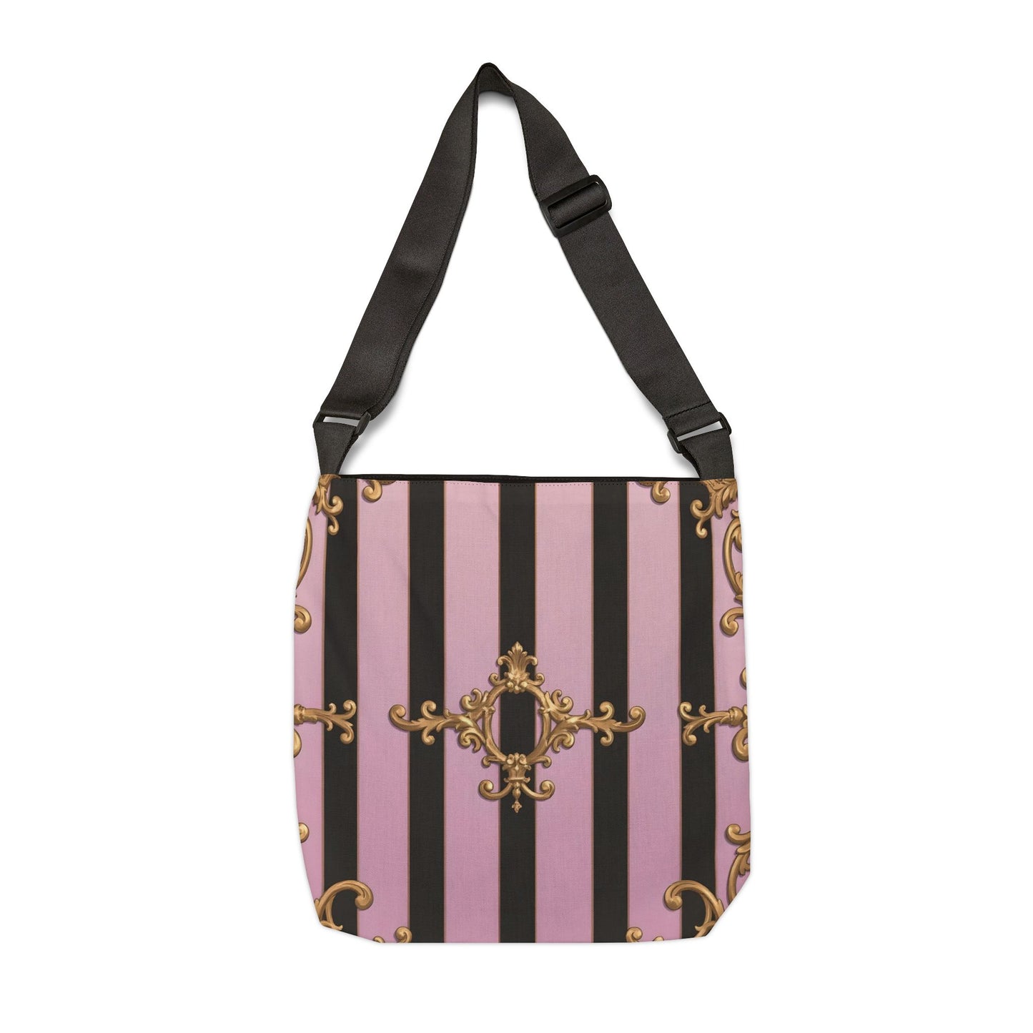 Chic Adjustable Tote Bag, Stylish Crossbody Bag for Daily Use, Elegant Pink Striped Bag - Matte Lavender & Black Striped Gold Baroque