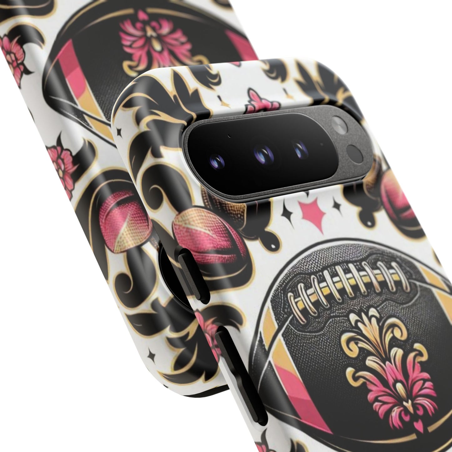 Elegant Floral Motif Phone Case - Tough Cases with Vintage Design - Damask White, Pink Gold & Black Football