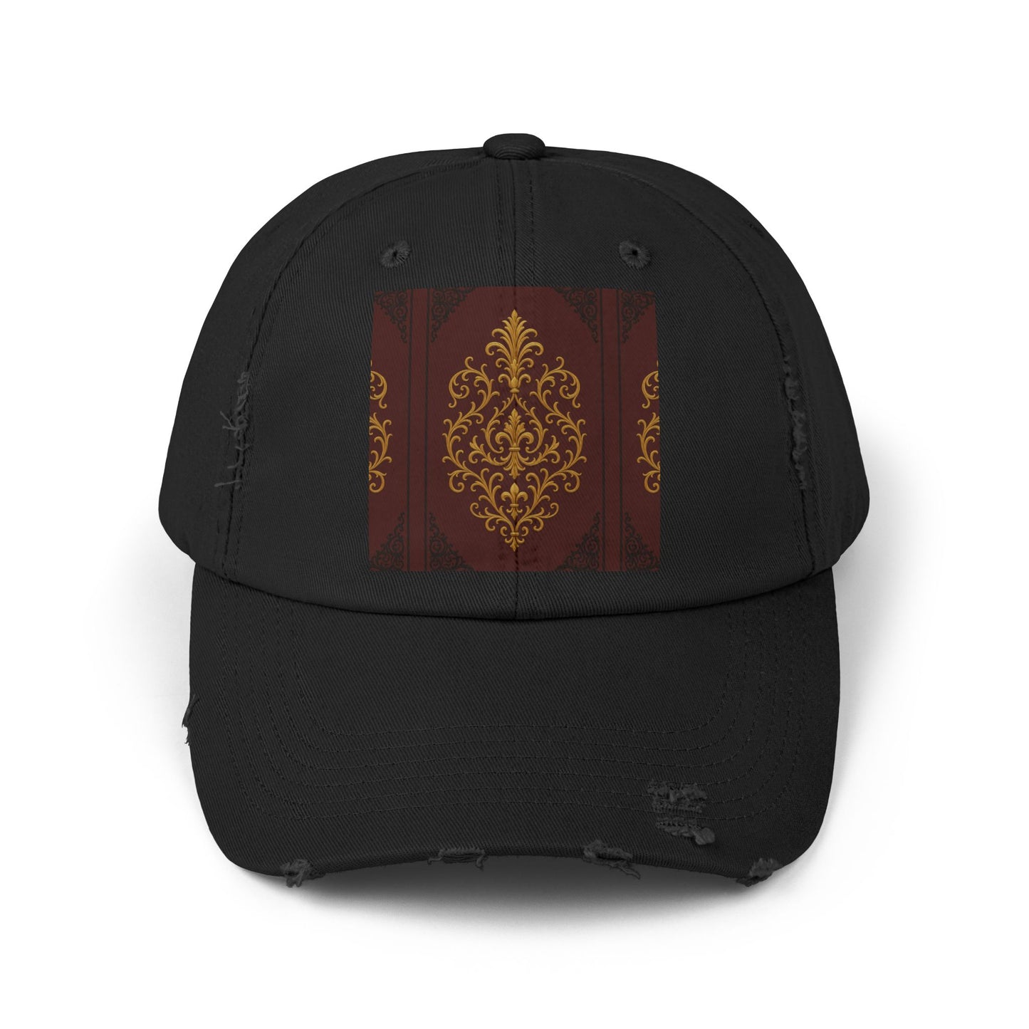 Dusk Burgundy-Black & Gold Baroque Distressed Black Cap with Vintage Gold Baroque Panel – Elegant Retro Baseball Hat
