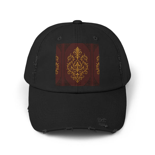 Dusk Burgundy-Black & Gold Baroque Distressed Black Cap with Vintage Gold Baroque Panel – Elegant Retro Baseball Hat