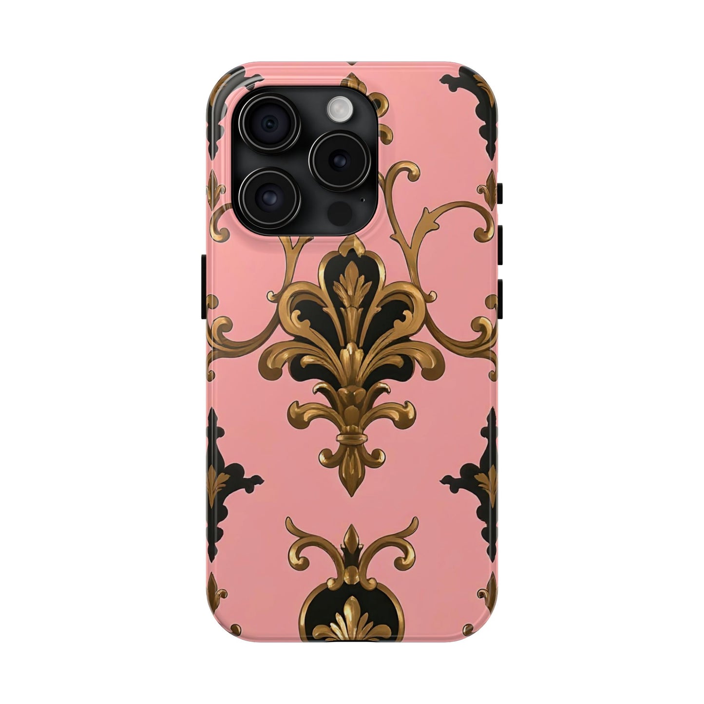 Chic Tough Phone Cases with Floral Design, Elegant Phone Cover, Durable Smartphone Case, Stylish Tech Accessory - Pink, Black & Gold Rococo