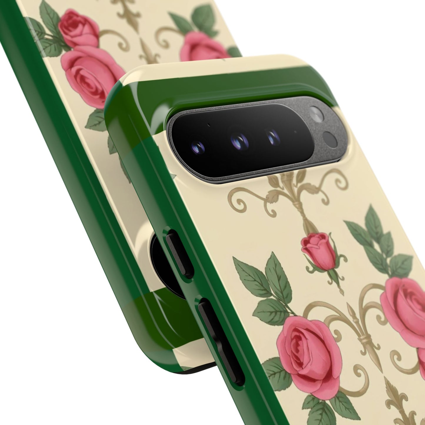 Elegant Floral Motif Phone Case - Tough Cases with Vintage Design - Green Border Roses & Damask