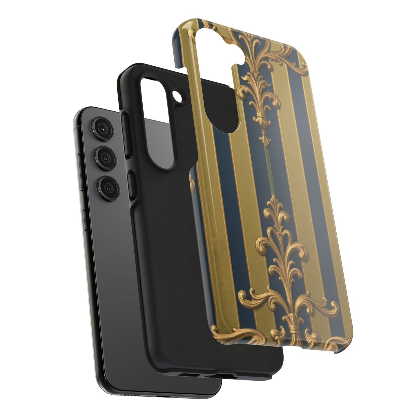 Elegant Midnight Blue & Olive Striped Gold Baroque Tough Phone Case, Phone Cover, Durable Case for Protection, Stylish Gift for Him/Her