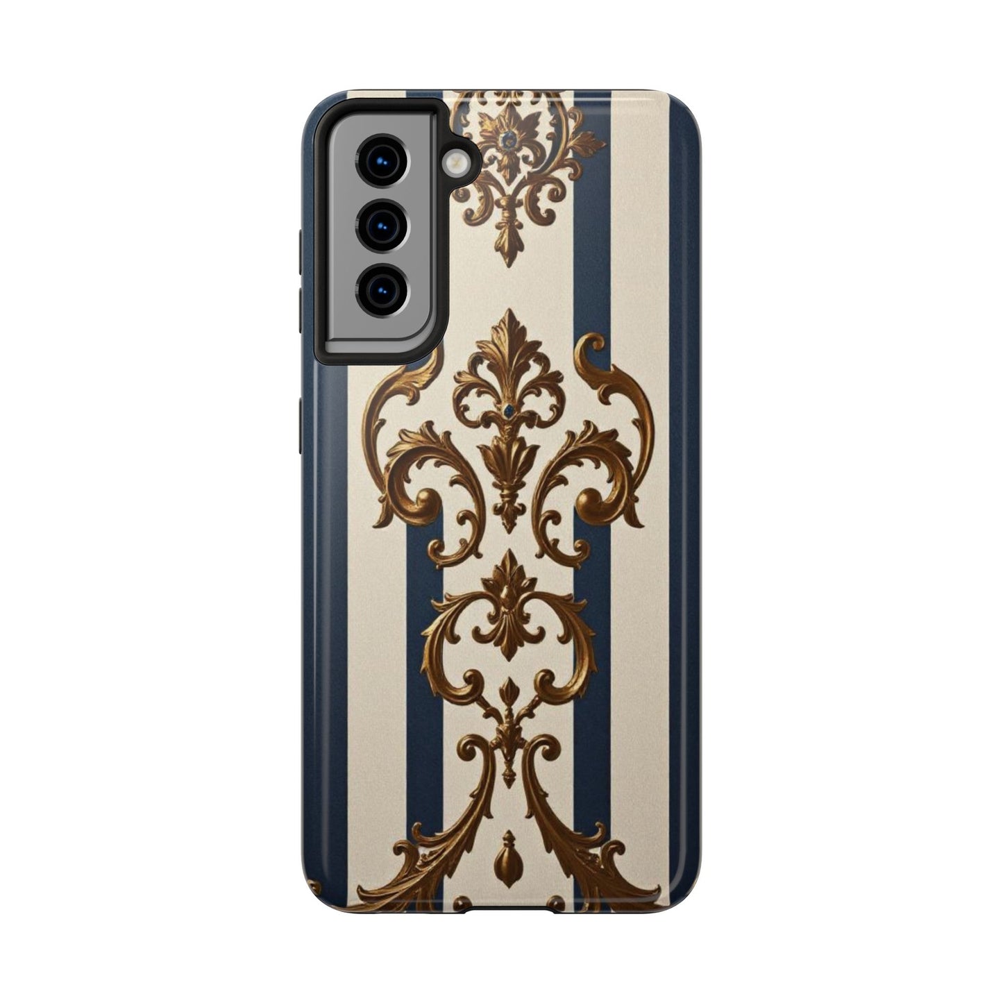 Damask Tough Phone Case - Alabaster & Blue Striped Damask