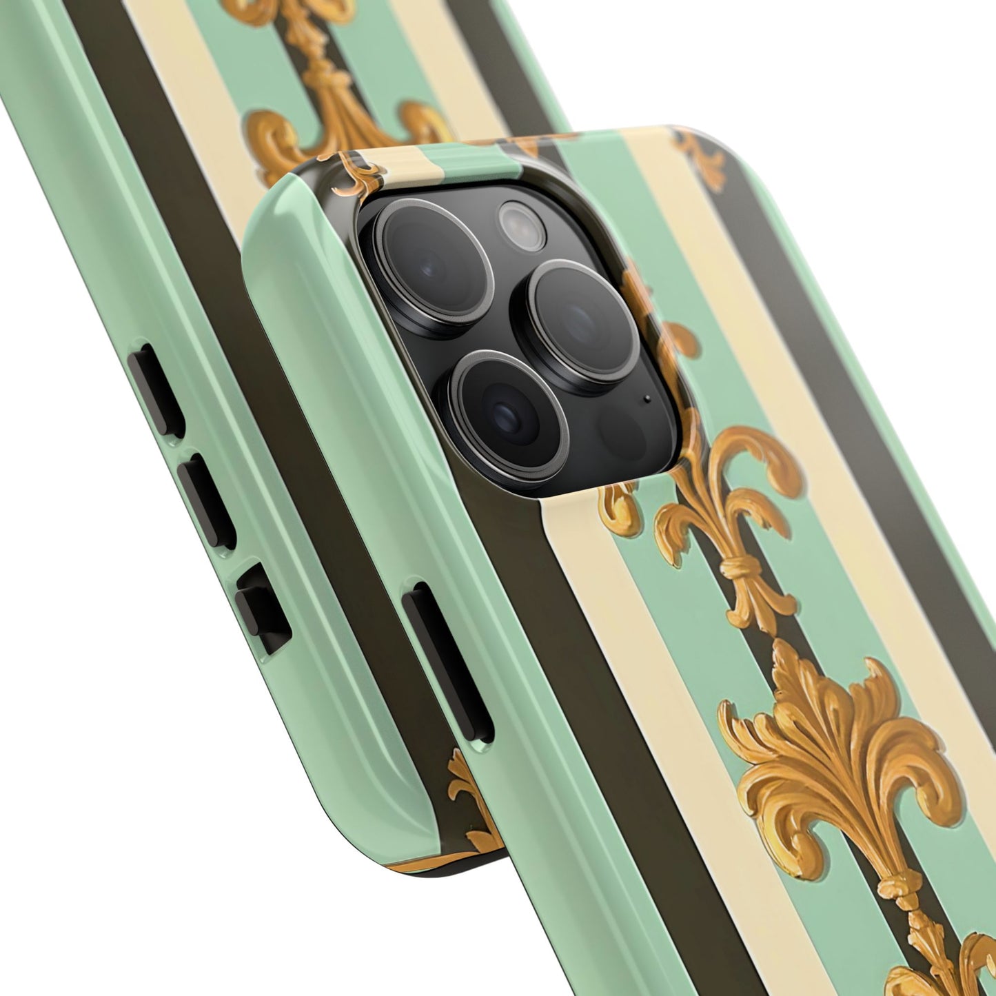 Elegant Floral Tough Phone Cases - Stylish Protection for All Occasions, Gifts for Her, Phone Covers - Black & Matte Mint Striped Rococo