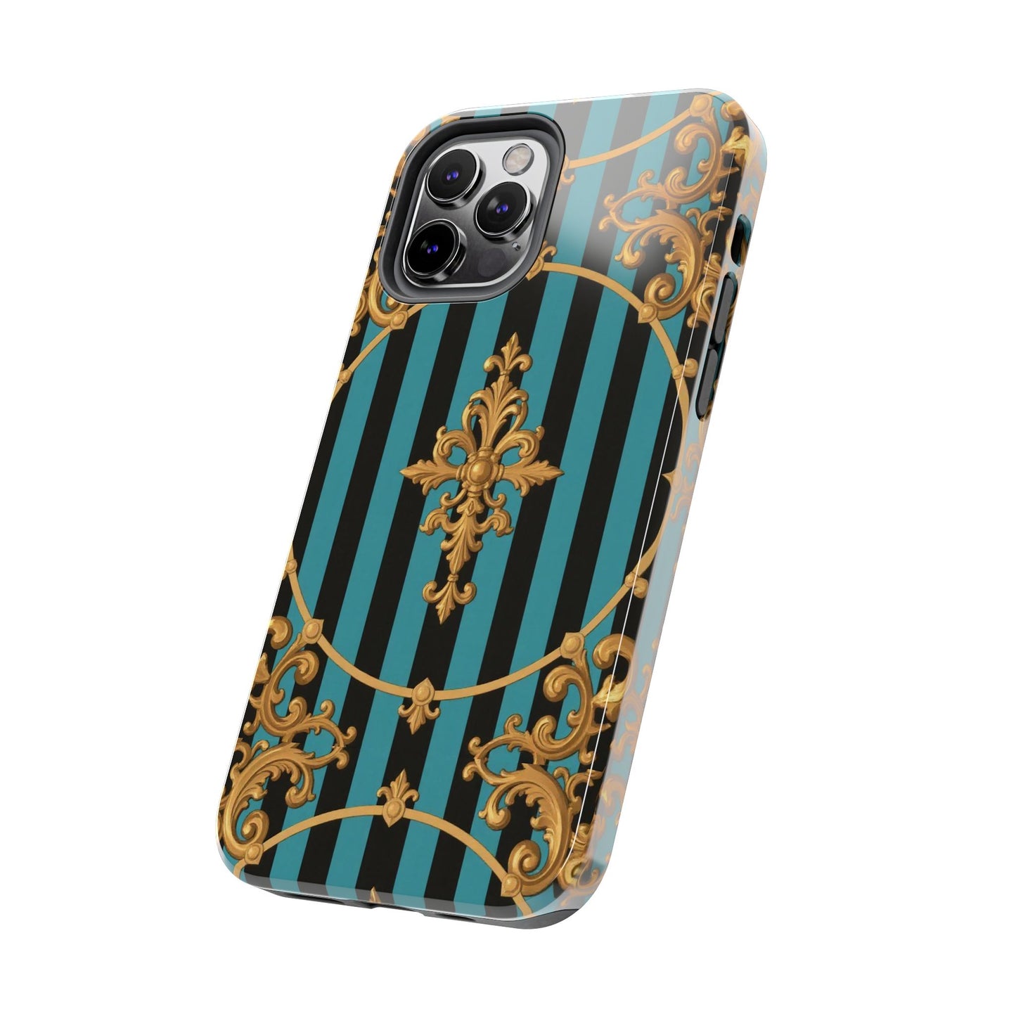 Elegant Turquoise & Black Striped Gold Baroque Phone Case, Tough Phone Cases for Fashion Lovers, Gift for Her, Luxury Accessories