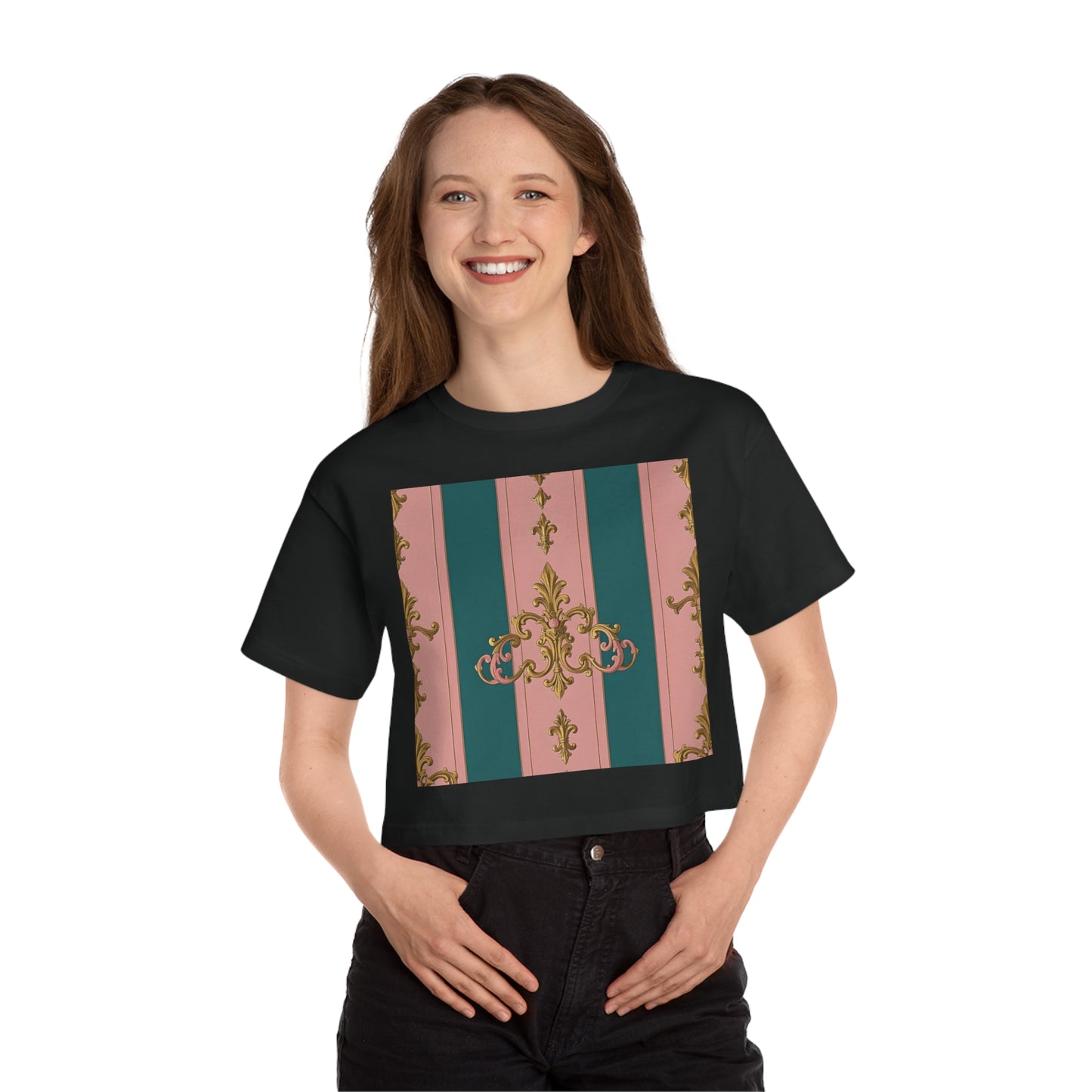 Heritage Cropped T-Shirt with Elegant Floral Design, Casual Wear, Summer Fashion, Vintage Style, Gift for Her - Pink & Teal Striped Gold Baroque