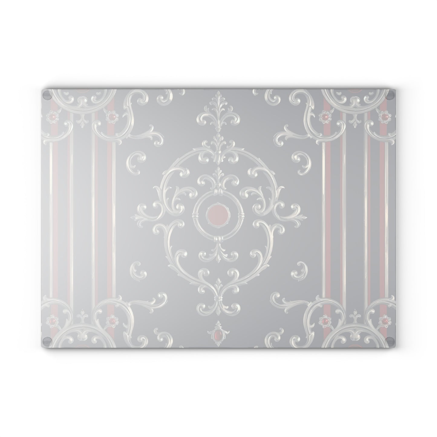 Elegant Glass Cutting Board, Decorative Kitchen Art, Housewarming Gift, Unique Kitchen Decor, Serving Tray - Blue & Red Striped Silver Baroque