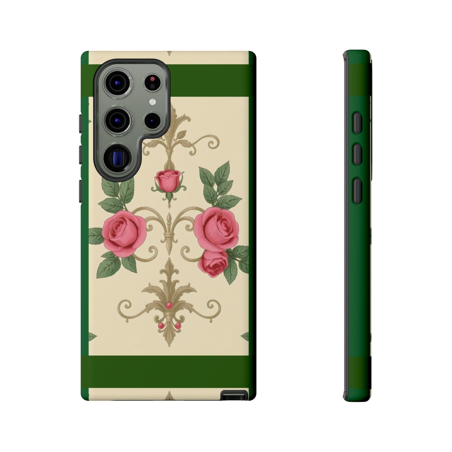 Elegant Floral Motif Phone Case - Tough Cases with Vintage Design - Green Border Roses & Damask