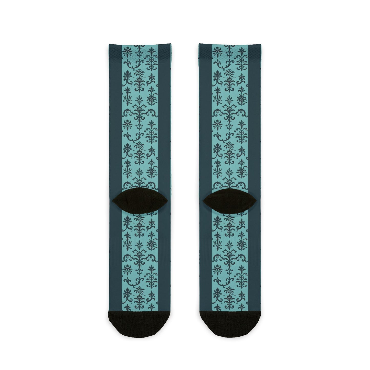 Stylish Sublimation Crew Socks - Trendy, Unique Gift, Personalized Fashion, Cozy Homewear, Sock Lovers, Perfect for Holidays - Teal Striped Rococo