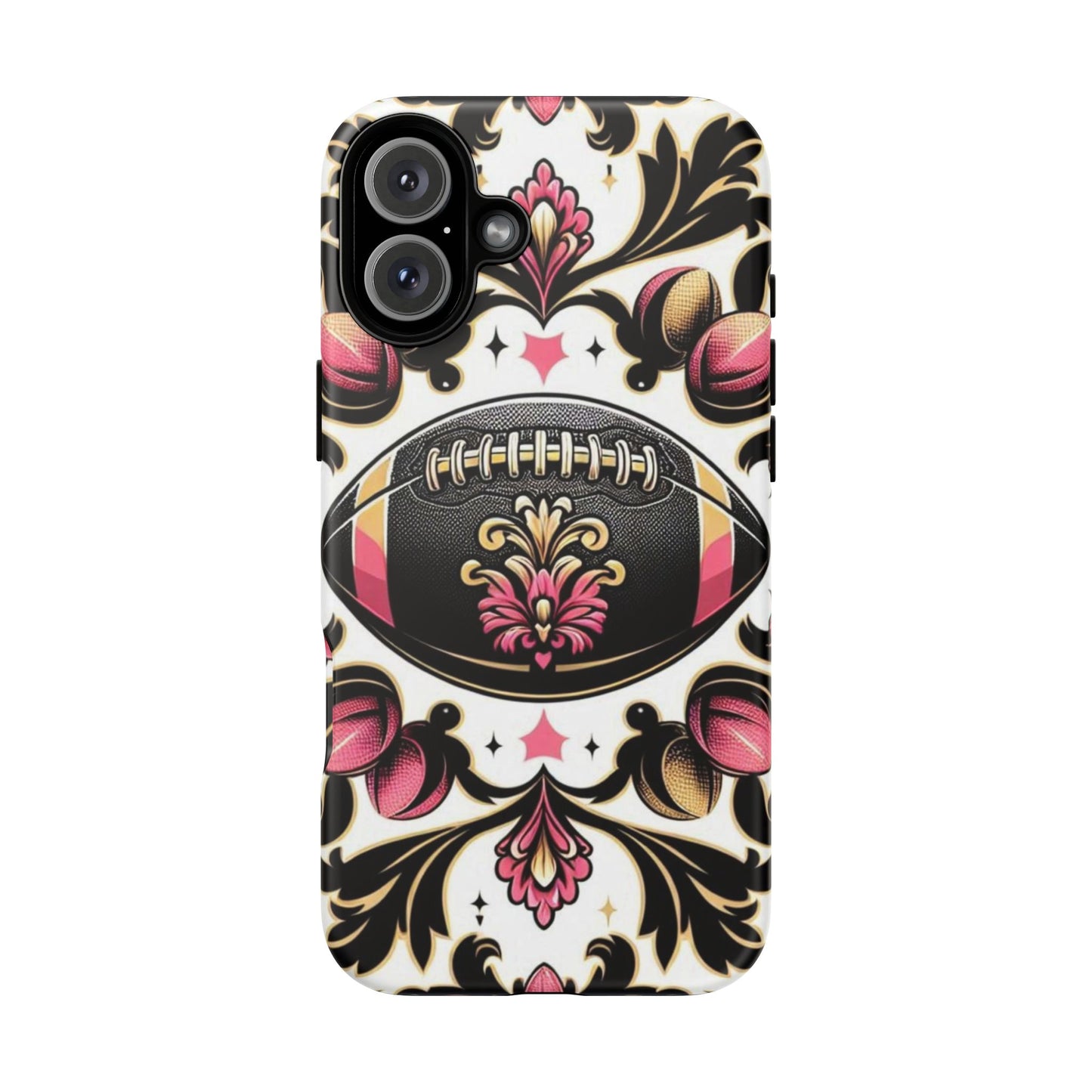 Elegant Floral Motif Phone Case - Tough Cases with Vintage Design - Damask White, Pink Gold & Black Football