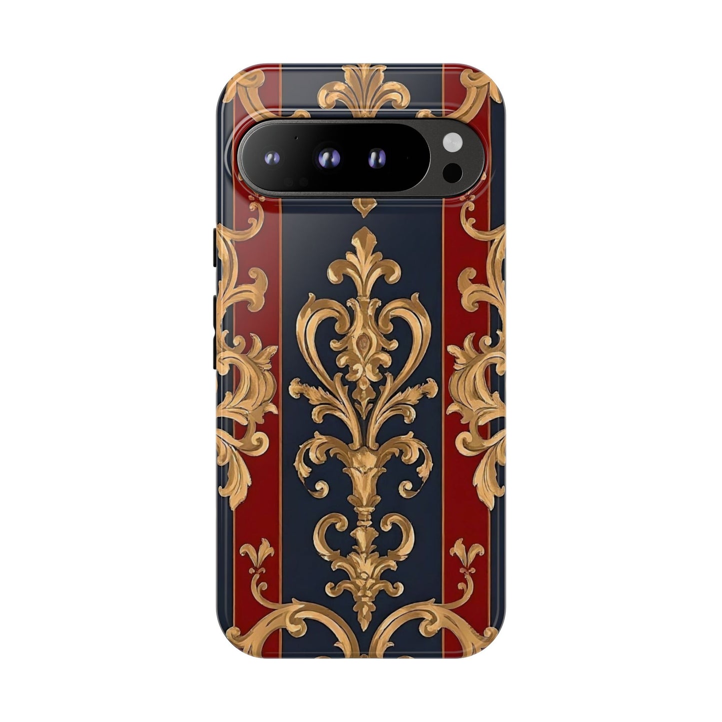 Elegant Floral Motif Phone Case - Tough Cases with Vintage Design - Midnight Blue & Dusk Red Striped Gold Damask