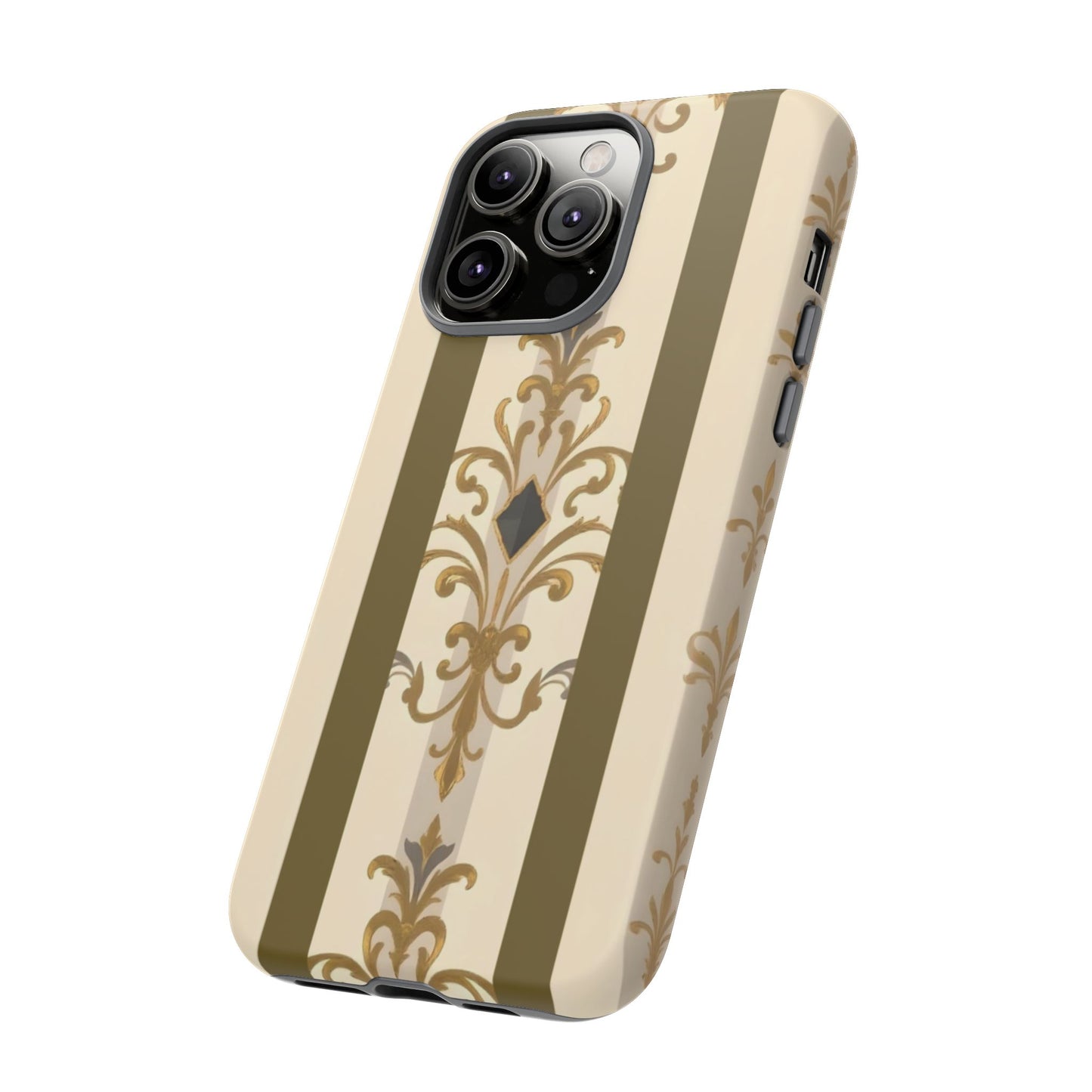 Elegant Floral Motif Phone Case - Tough Cases with Vintage Design - Olive Striped Gold Damask