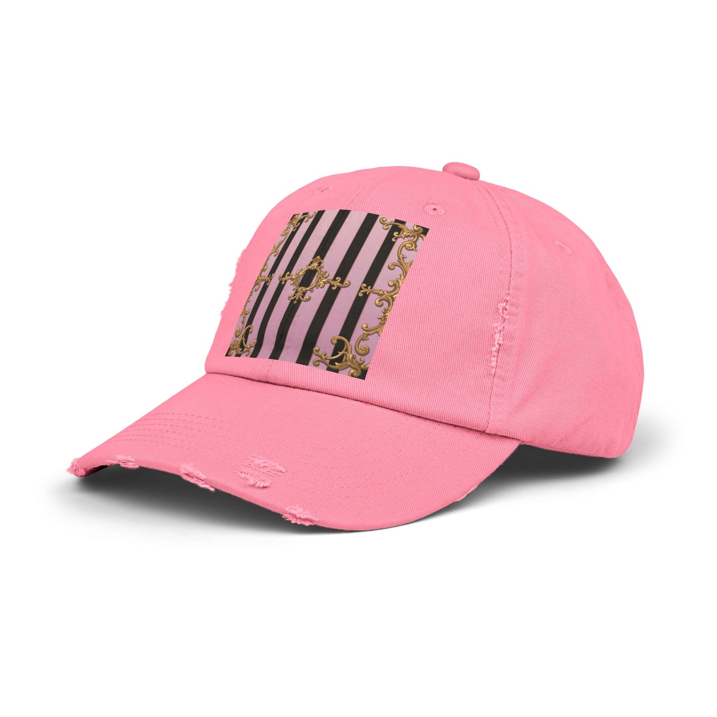Chic Distressed Cap, Trendy Fashion Accessory, Summer Style Hat, Unique Gift for Her - Matte Lavender & Black Striped Gold Baroque