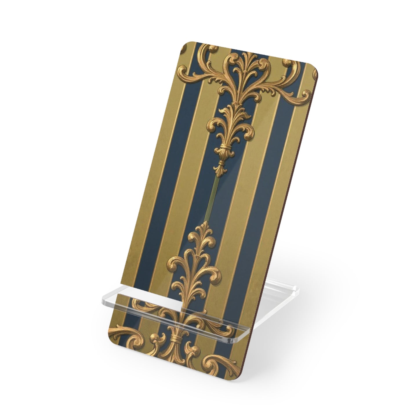 Elegant Midnight Blue & Olive Striped Gold Baroque Smartphone Display Stand with Vintage Design, Phone Holder, Desk Accessory, Gift Idea