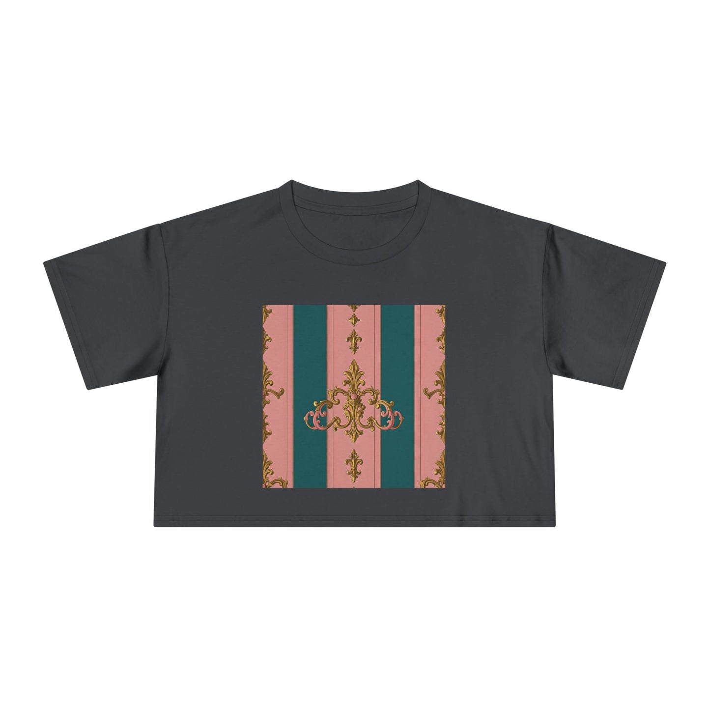 Baroque Vintage Women's Crop Tee, Casual Top, Summer Fashion, Trendy Shirt, Graphic T-Shirt, Gift for Her - Pink & Teal Striped Gold Baroque