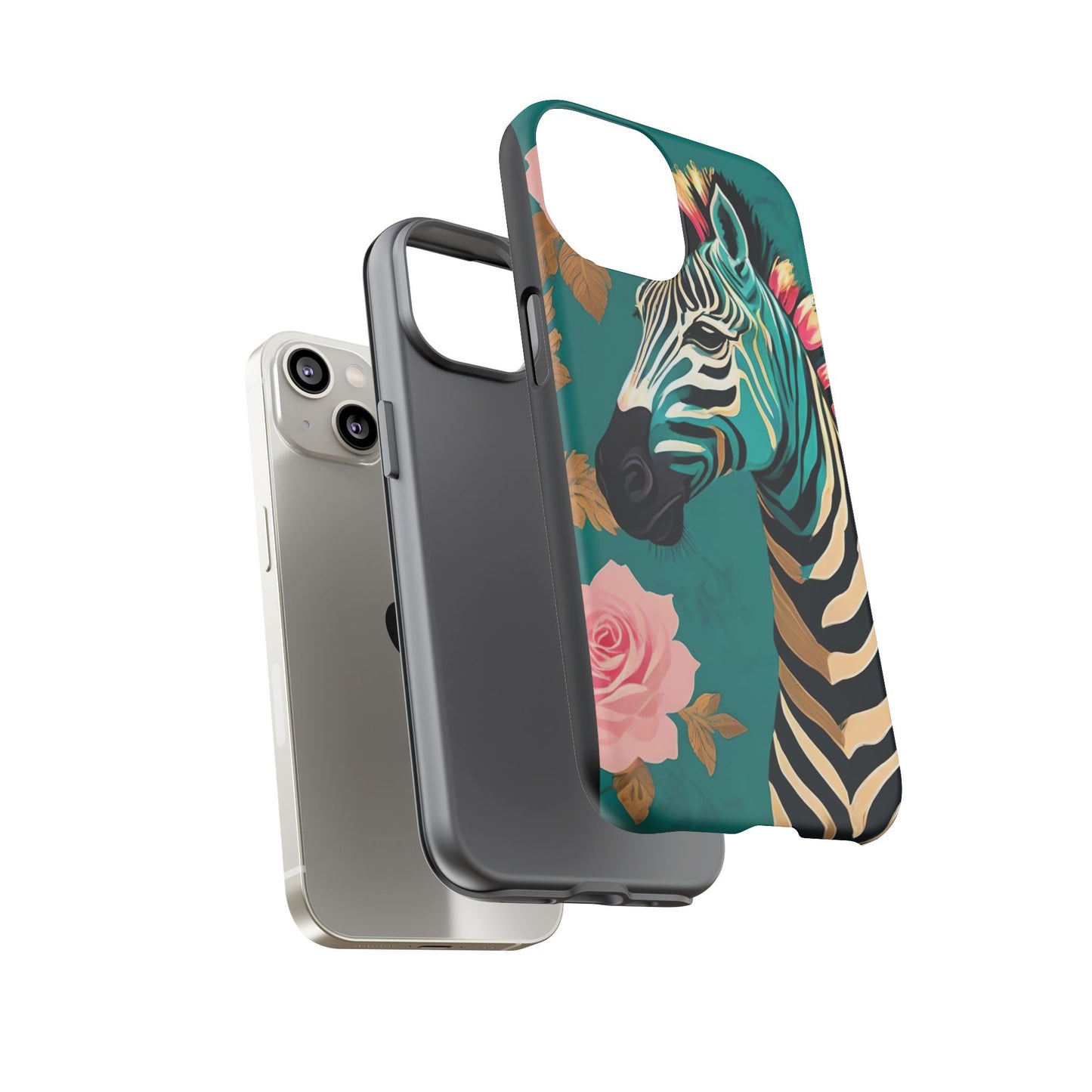 Phone Case - Elegant Teal & Gold Zebra & Roses Design