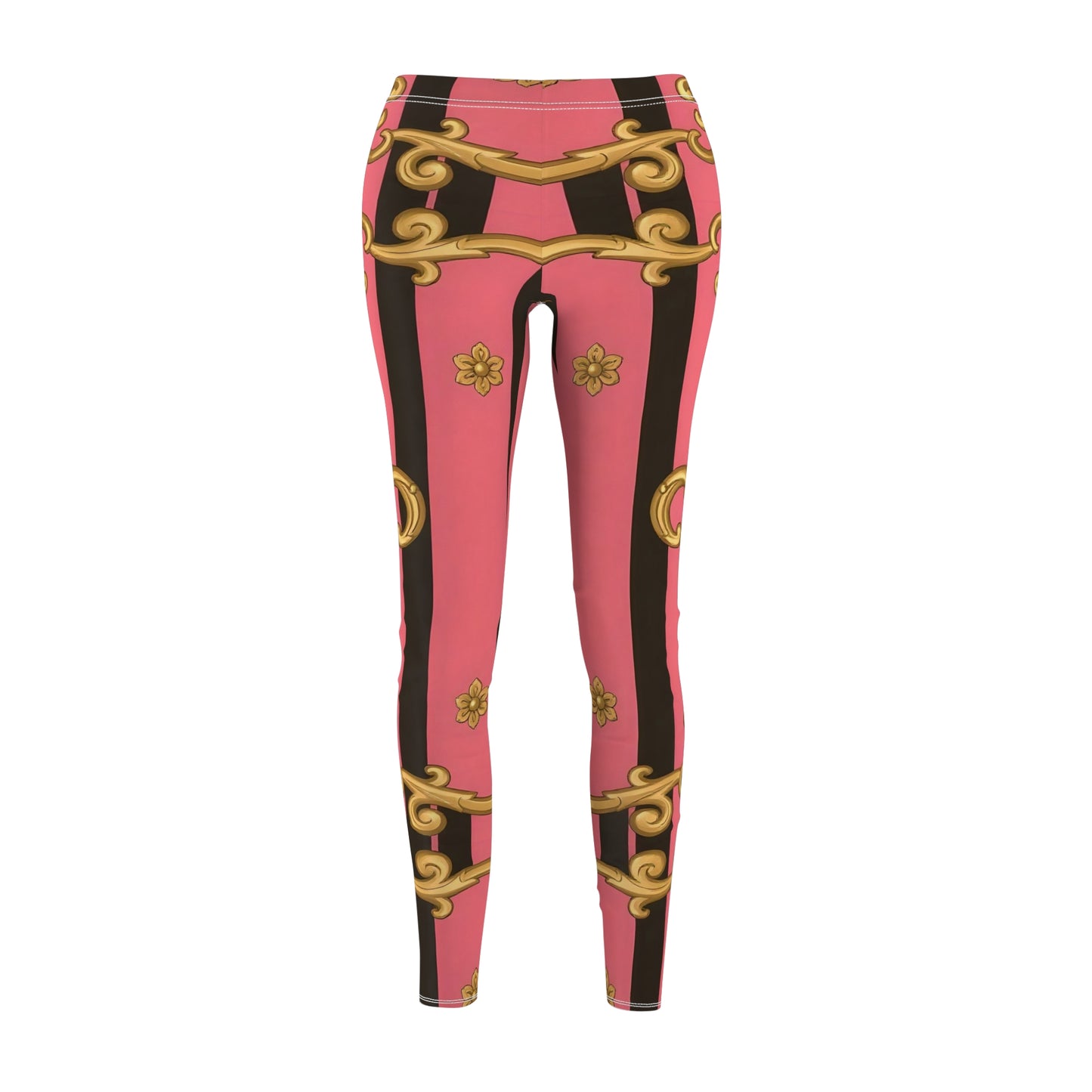 Chic Women's Leggings, Trendy Activewear, Casual Fashion, Gift for Her, Yoga, Fitness, Everyday Wear - Pink & Black Striped Gold Baroque