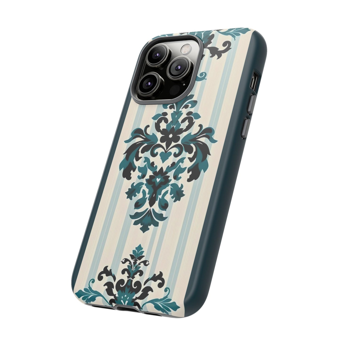 Elegant Floral Phone Case - Tough Cases with Vintage Design - Teal Striped Damask