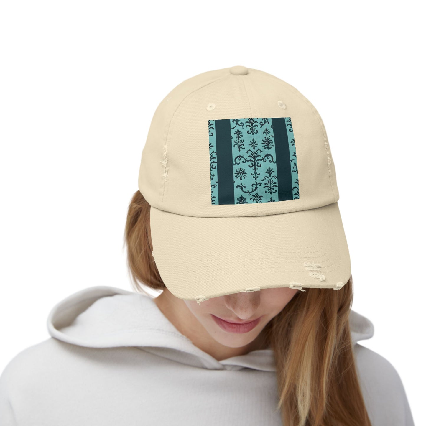 Vintage-Inspired Distressed Cap, Cool Baseball Hat, Casual Headwear, Summer Accessory, Gift for Him Her - Teal Striped Rococo