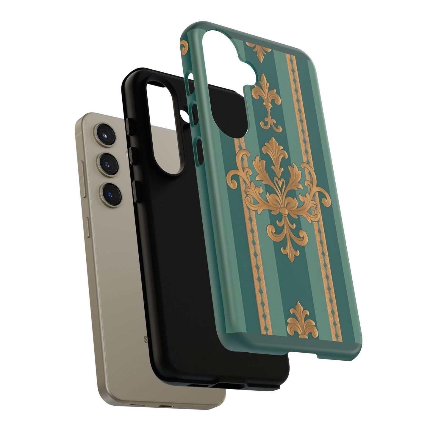 Elegant Floral Motif Phone Case - Tough Cases with Vintage Design - Teal Striped Gold Damask