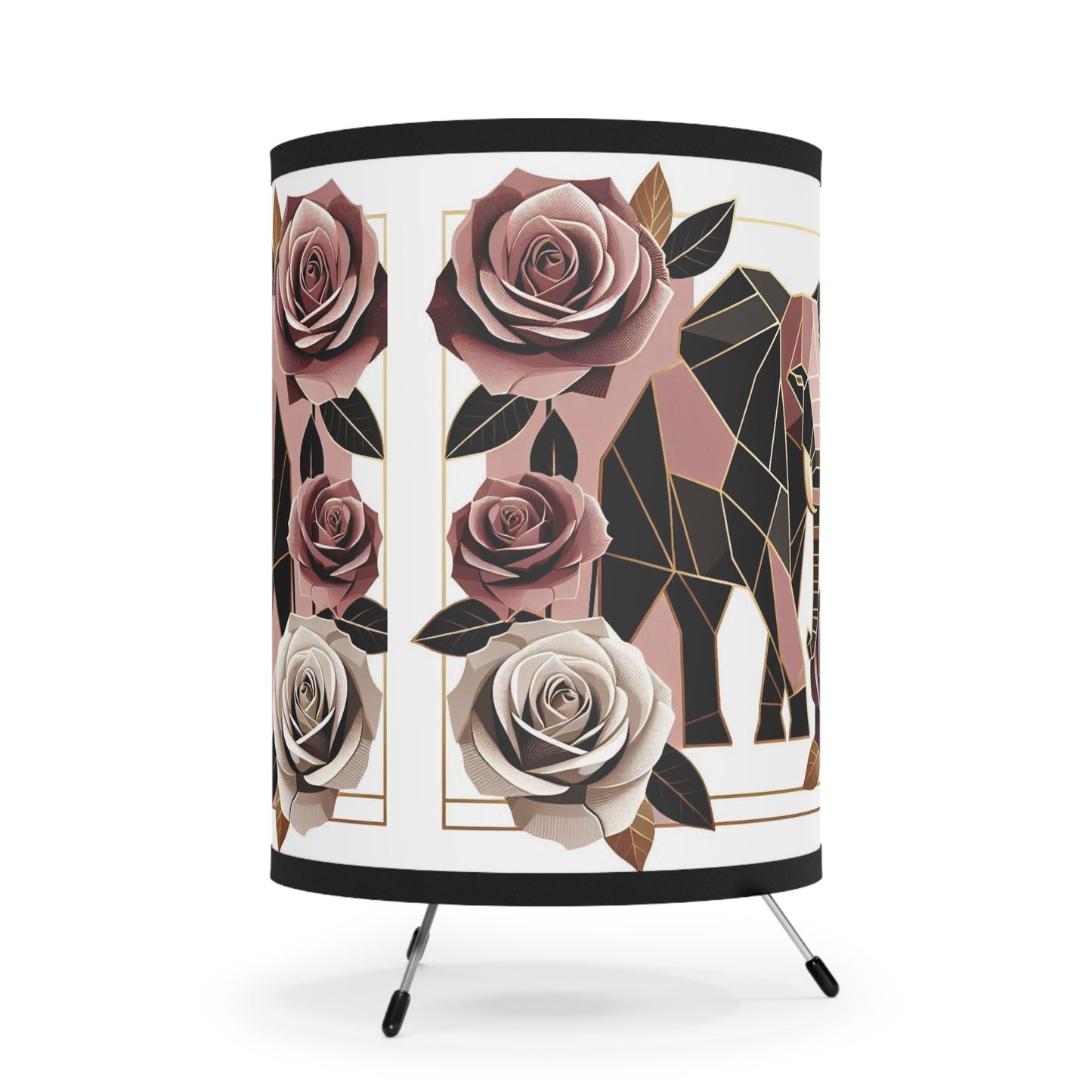 Boho Elephant Tripod Lamp with Floral Design - High-Res Printed Shade - Brown & Mauve Elephant & Roses Design