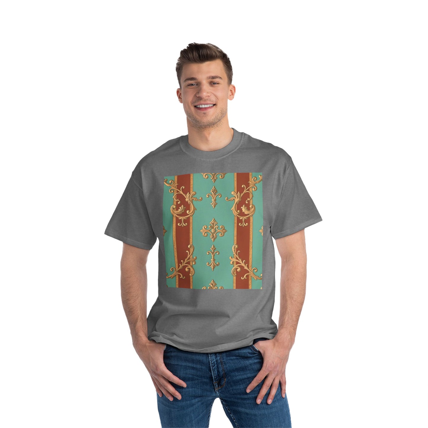 Elegant Vintage Patterned T-Shirt | Vintage Style Tee, Casual Wear, Retro Aesthetic - Rust & Mint Aqua Striped Baroque