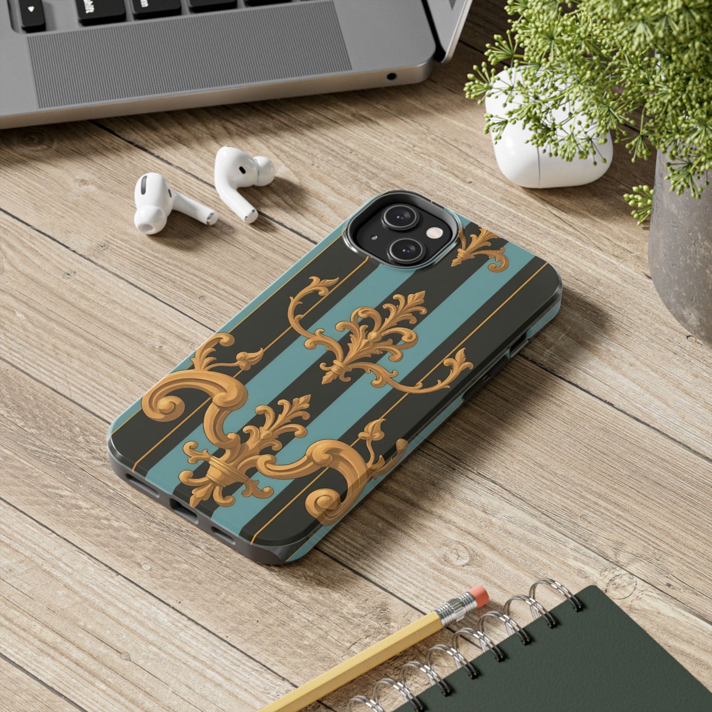 Elegant Baroque Tough Phone Case, Stylish Phone Cover, Durable iPhone Case, Unique Gift - Black & Turquoise Striped Baroque
