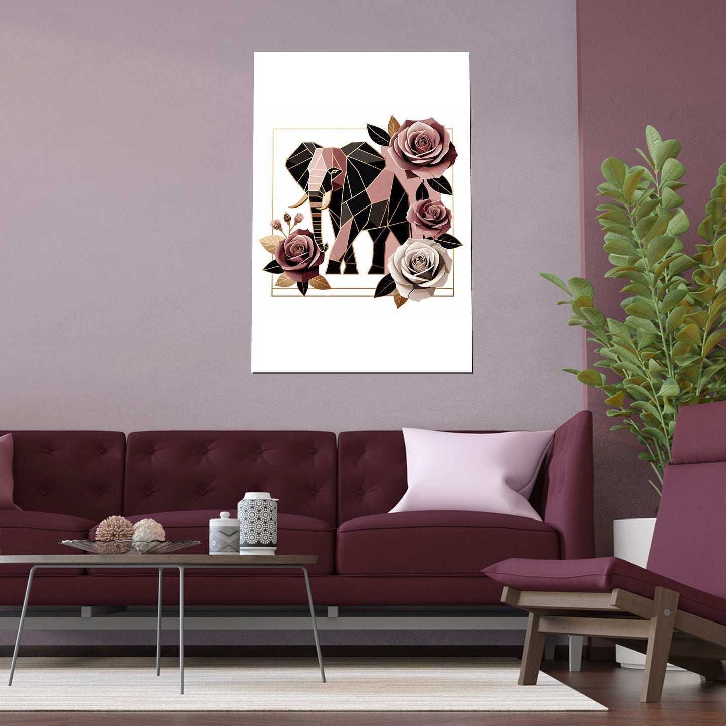 Elegant Floral Silk Poster - Indoor/Outdoor Wall Art for Home Decor - Brown & Mauve Elephant & Roses