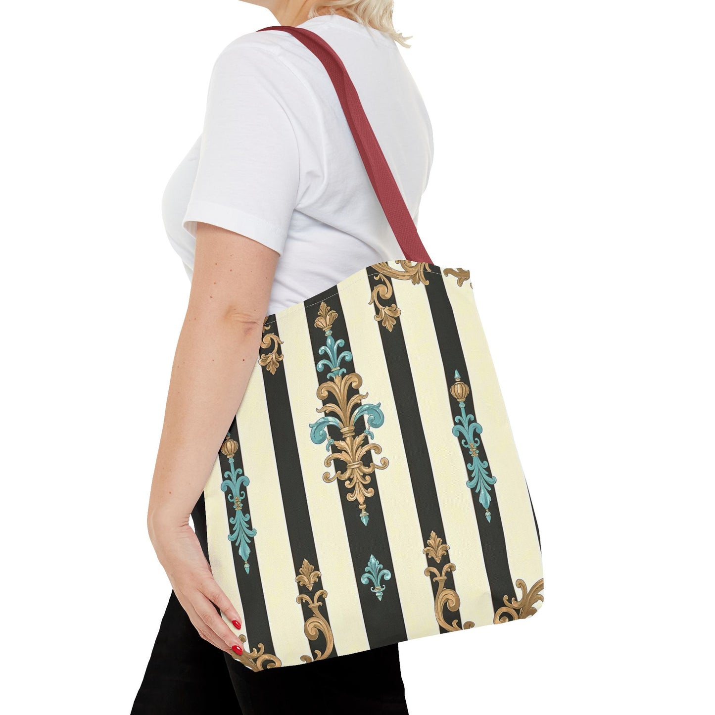 Elegant Stripe Pattern Tote Bag | Fashionable Reusable Shopping Tote, Eco-Friendly Gift Bag - Black Striped Turquoise & Black Rococo