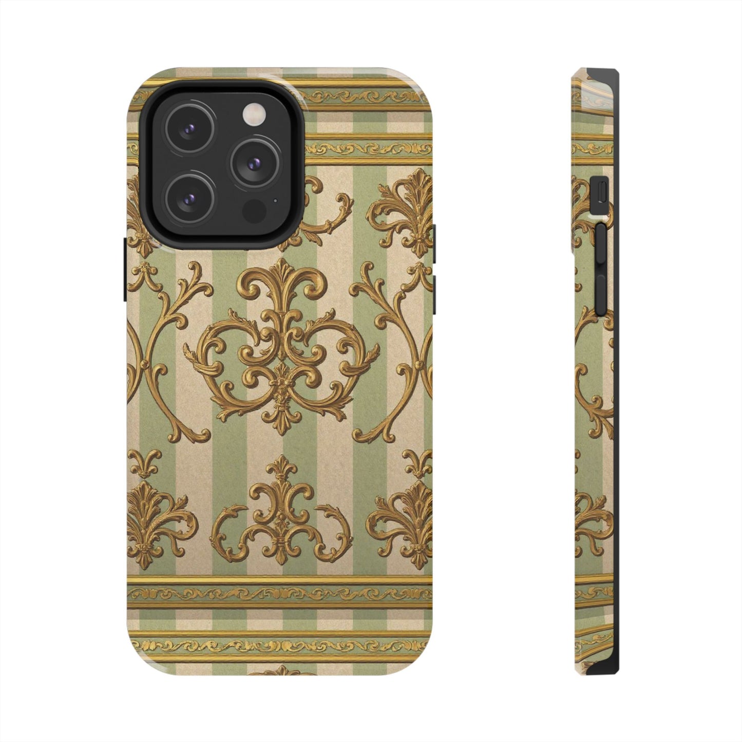 Vintage Elegance Phone Case, Tough Phone Cases for Style, Gift for Birthdays, Stylish Protection - Mint Green & Beige Striped Gold Baroque
