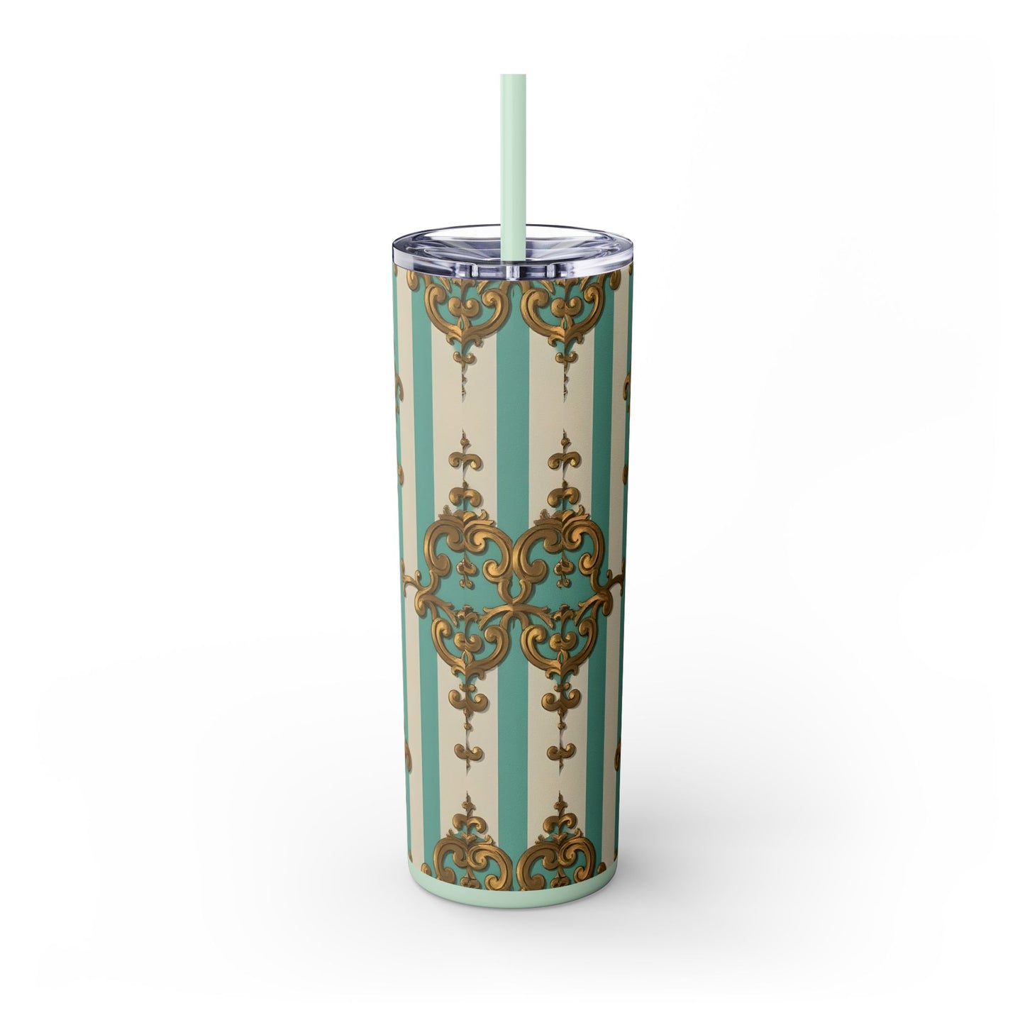 Elegant Vintage Skinny Tumbler with Straw, 20oz, Stylish Drinkware, Perfect Gift for Home, Coffee Lovers - Matte Green Striped Rococo