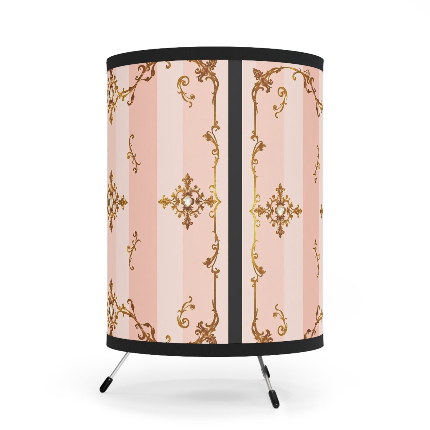 Elegant Tripod Lamp with Vintage Floral Design Shade - Pink Jeweled Striped Gold Baroque