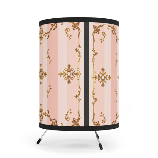 Elegant Tripod Lamp with Vintage Floral Design Shade - Pink Jeweled Striped Gold Baroque