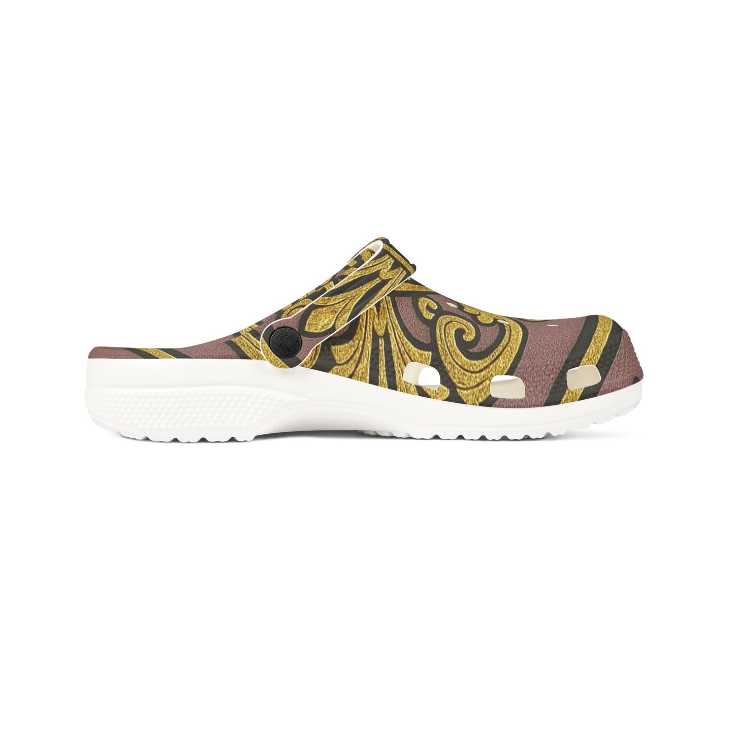 Gilded Mauve With Gold-Black Baroque Stylish EVA Foam Rubber Clogs, Comfortable Slip-On Shoes, Trendy Summer Clogs