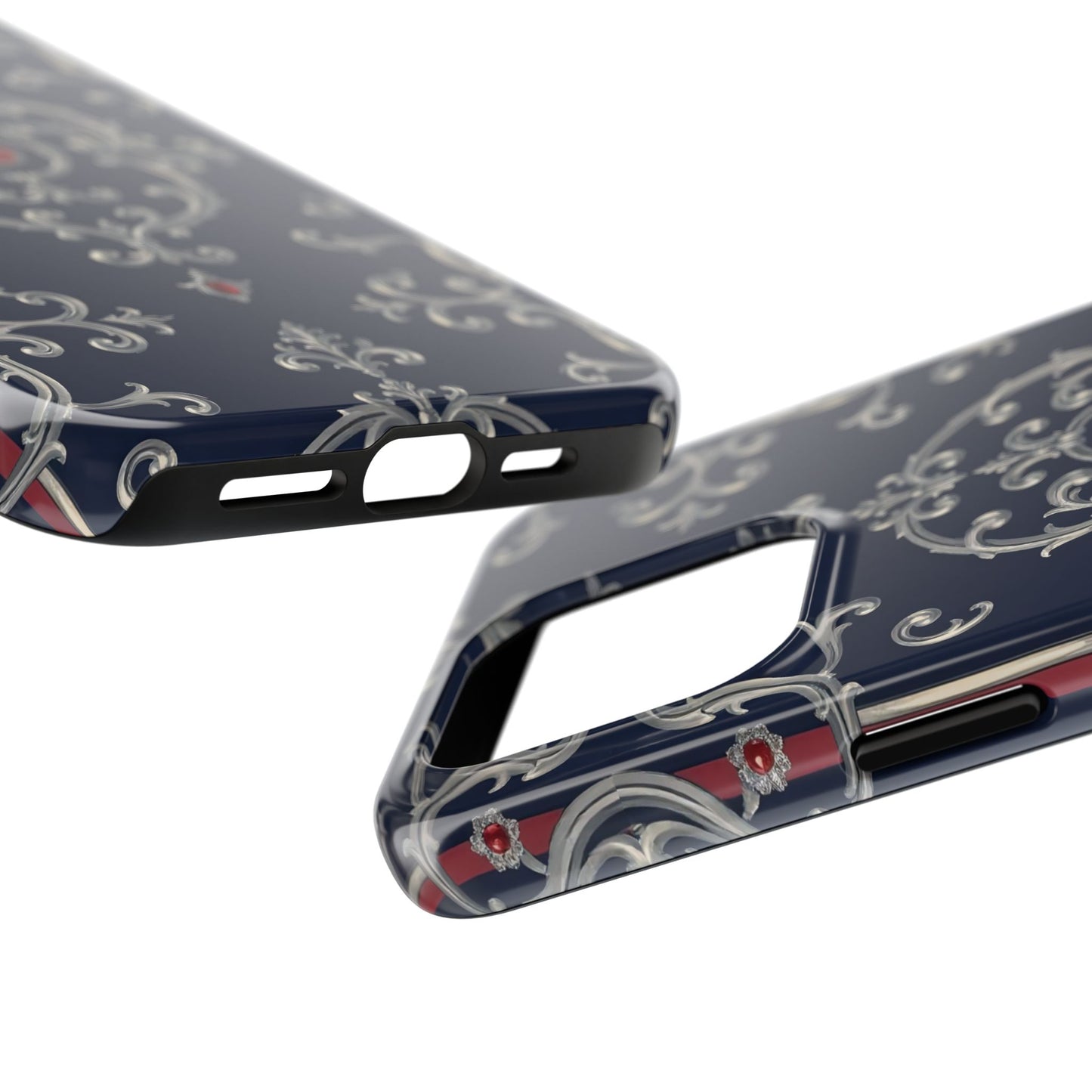 Elegant Patterned Tough Phone Cases for Stylish Protection, Gift for Her, Unique Accessories - Blue & Red Striped Silver Baroque